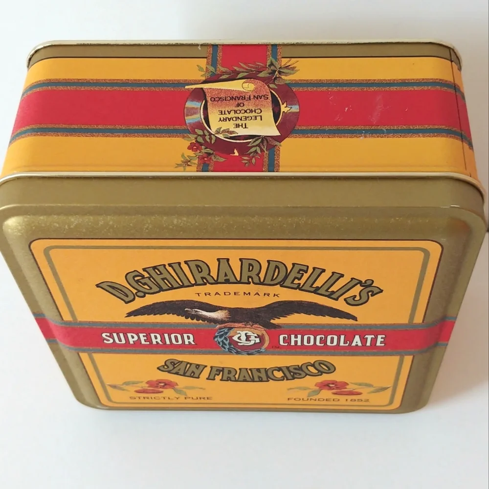 Vintage Ghirardelli's Chocolate Tin Square Gold Green Red 1993